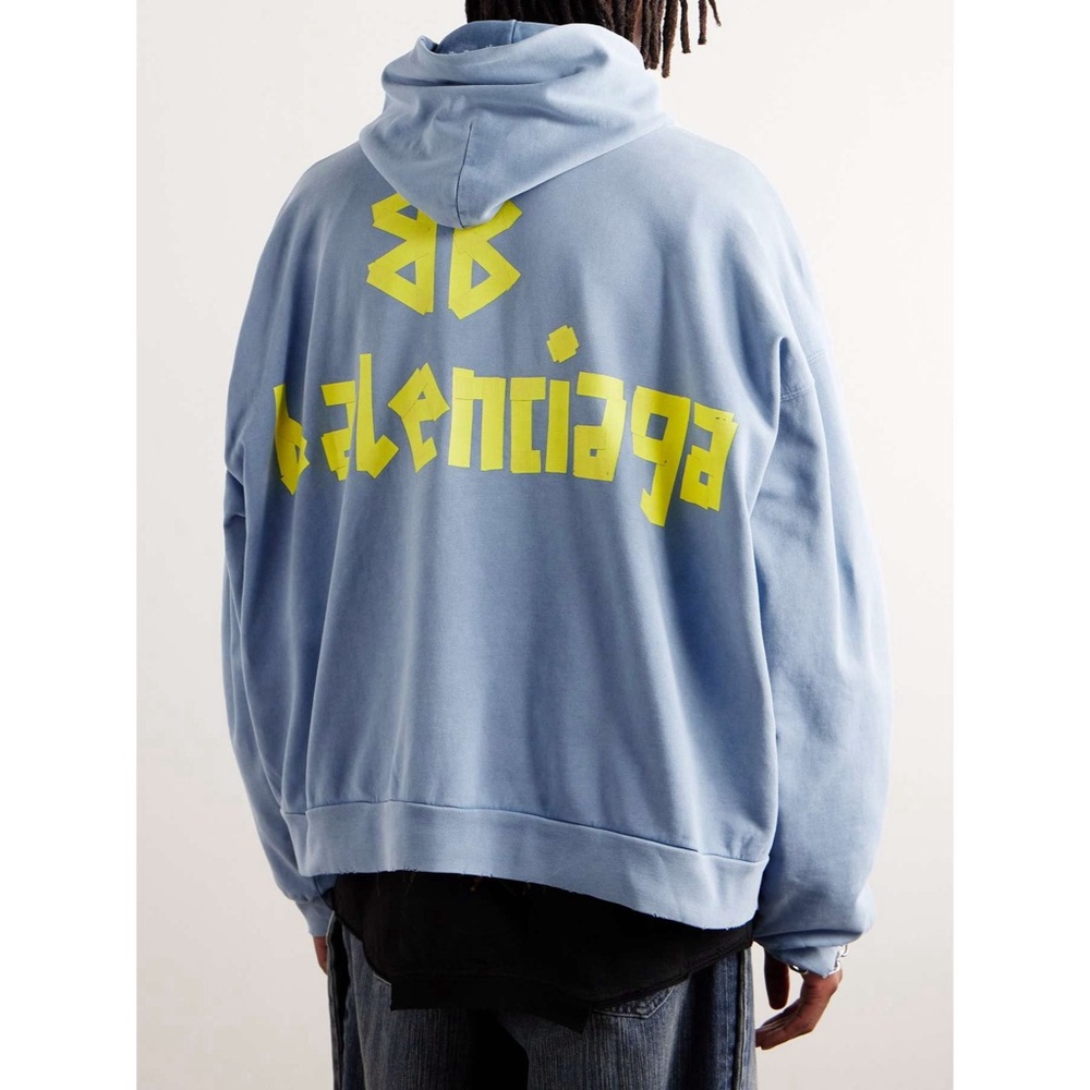 Balenciaga Men's Logo Tape Distressed Ripped Pocket Hoodie Oversized Faded Blue - Picture 14 of 15